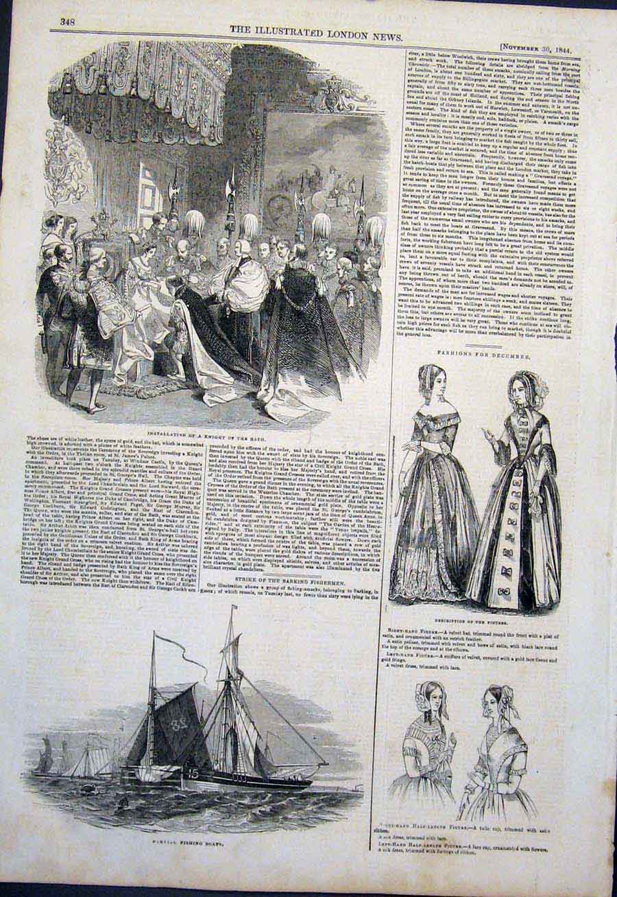 Original Old Antique Print Bath Knight Fishing Boats Fashion 1844 19th