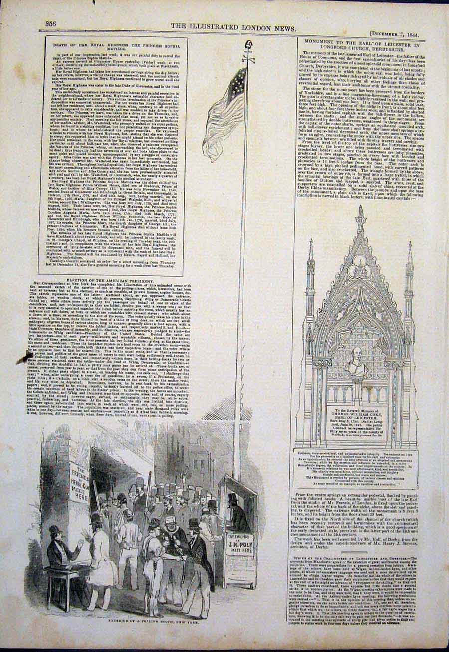 Old Antique Print Polling New York America Monument Leicester Church 1844 19th