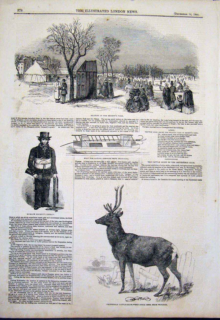 Original Old Antique Print Regent'S Park Skating Iceman Red Stock Deer Windsor