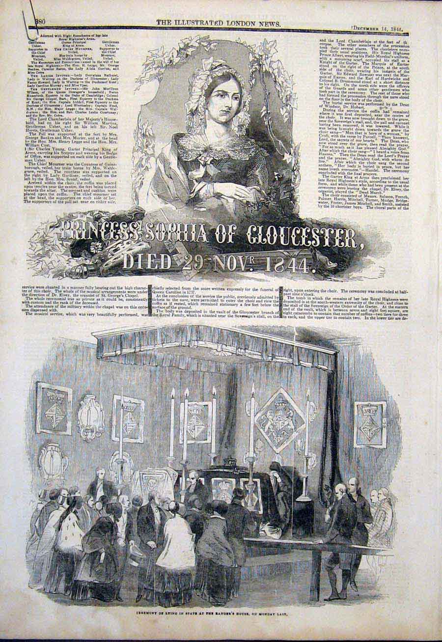 Old Antique Print Princess Sophia Gloucester Funeral Procession Windsor