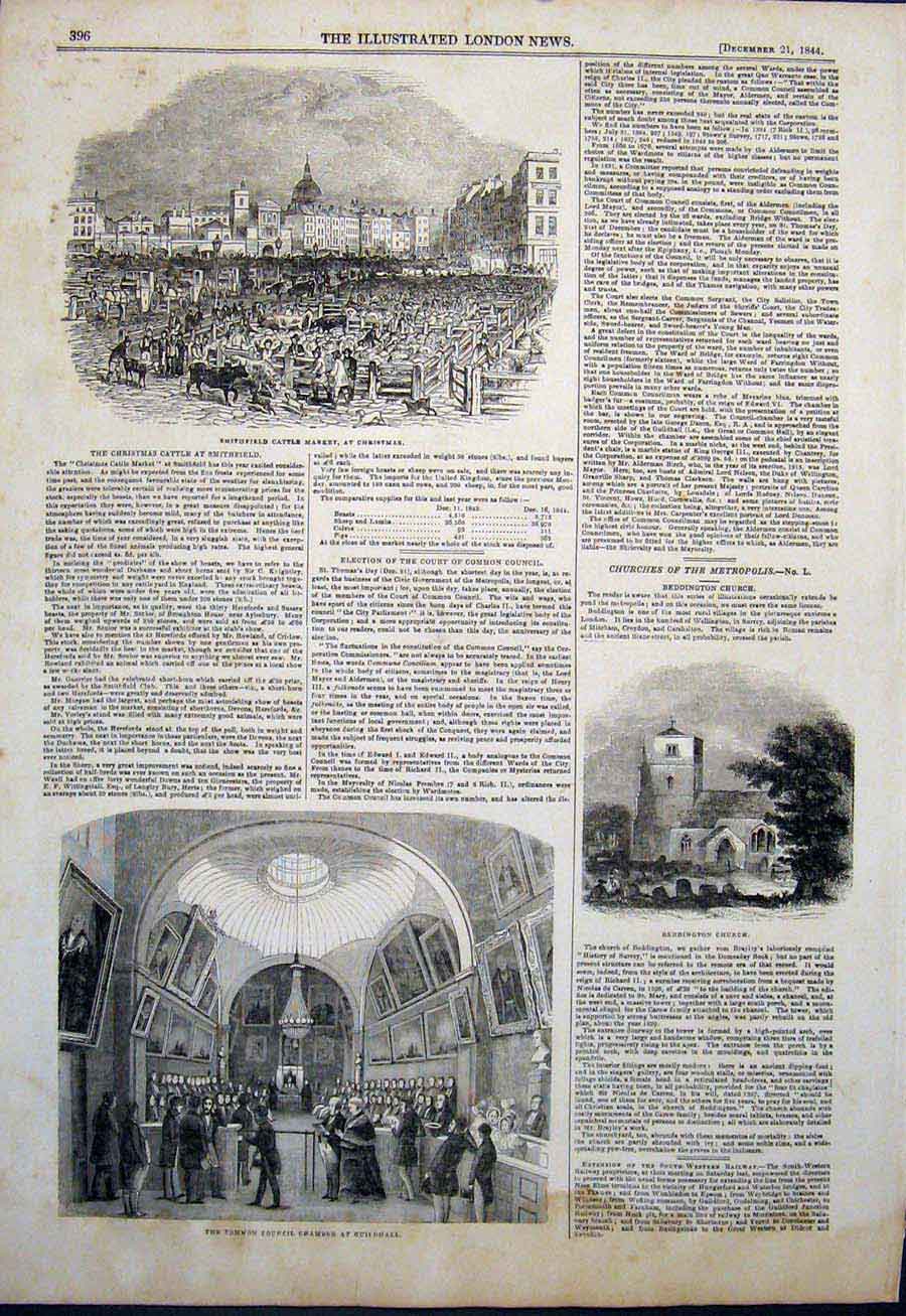 Original Old Antique Print Smithfield Cattle Market Beddington Church Guildhall