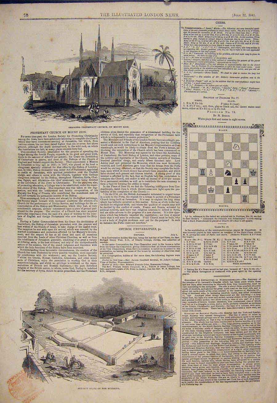 Original Old Antique Print Mount Zion Church Jerusalem Building Chess 1845 19th