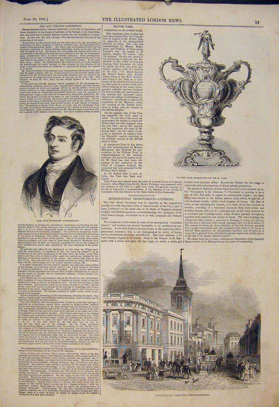 Original Old Antique Print Portrait Viscount Canterbury Vase Sale Lothbury 1845