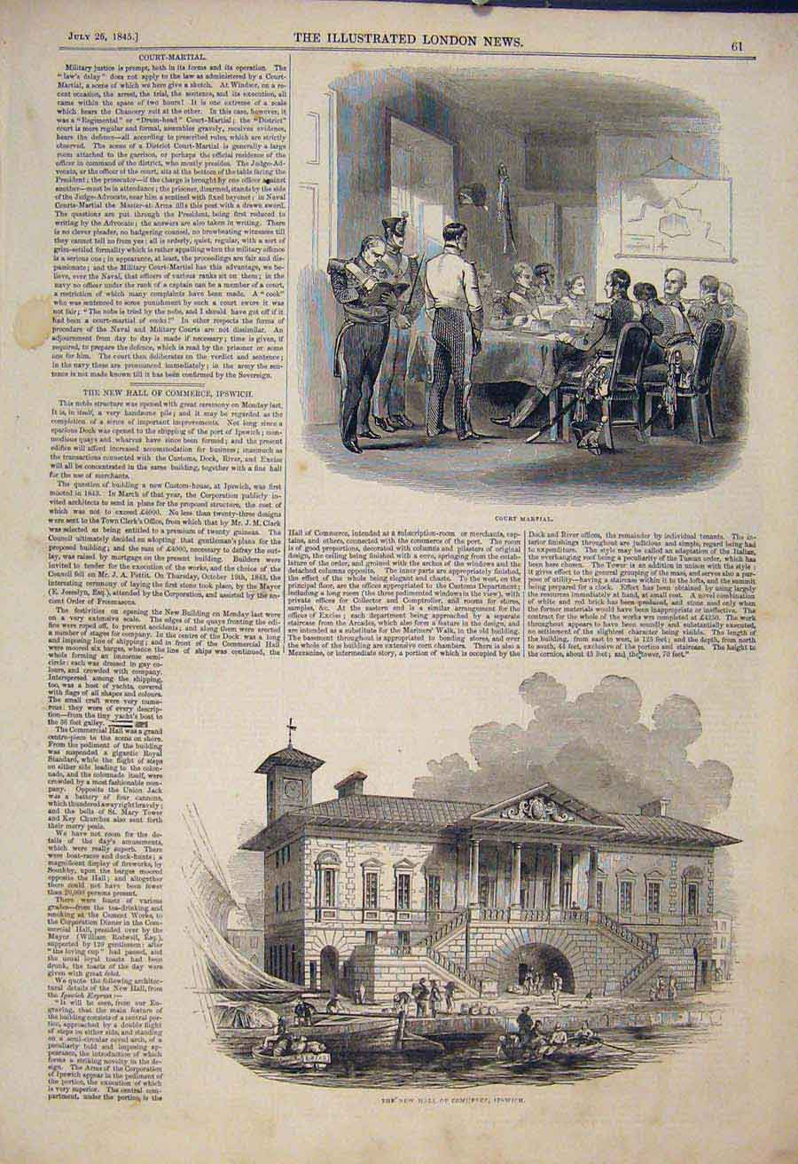Original Old Antique Print Court Martial Windsor Military Hall Commerce Ipswich