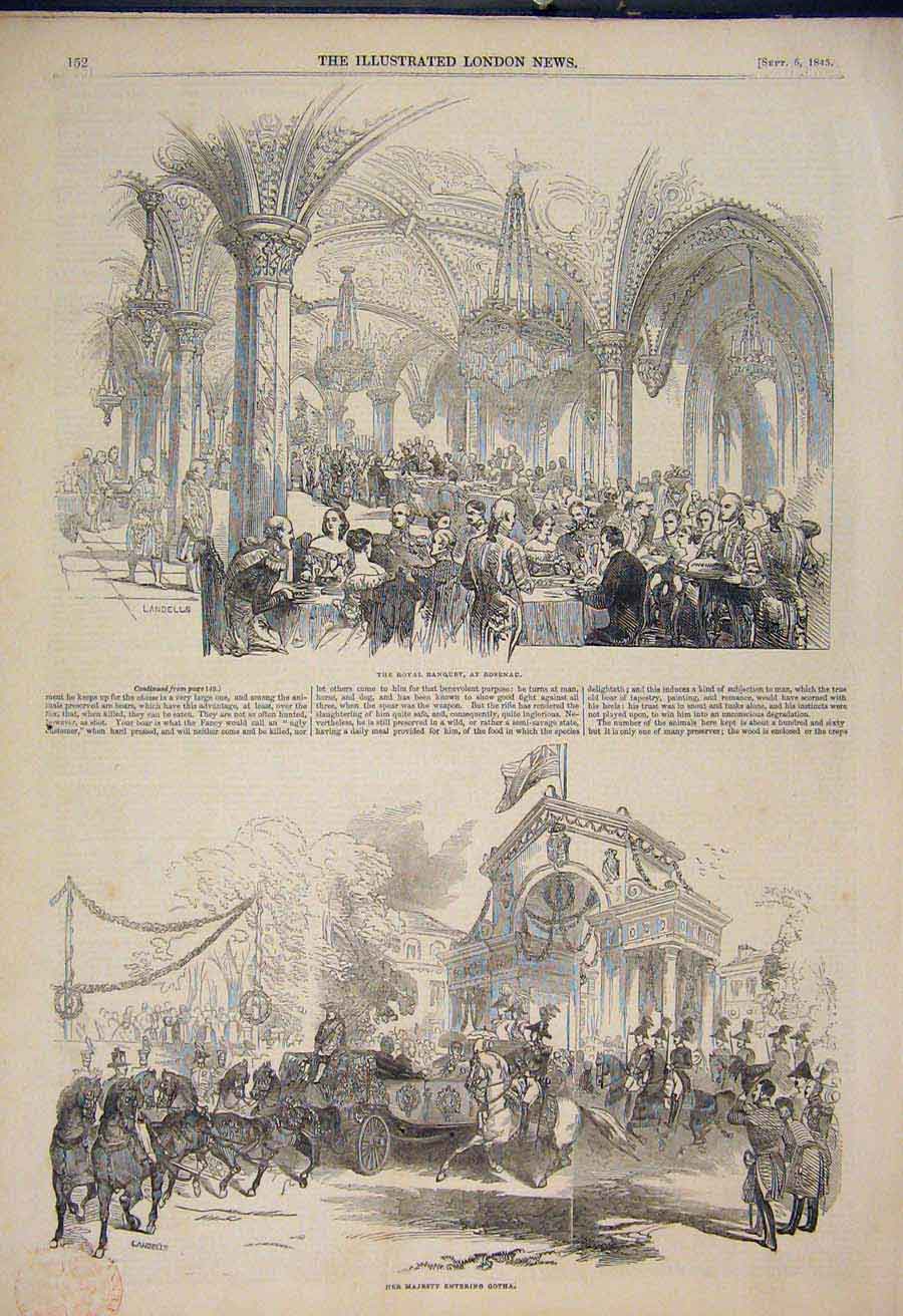 Old Antique Print Rosenau Royal Banquet Gotha Germany Friedenstahl 1845 19th
