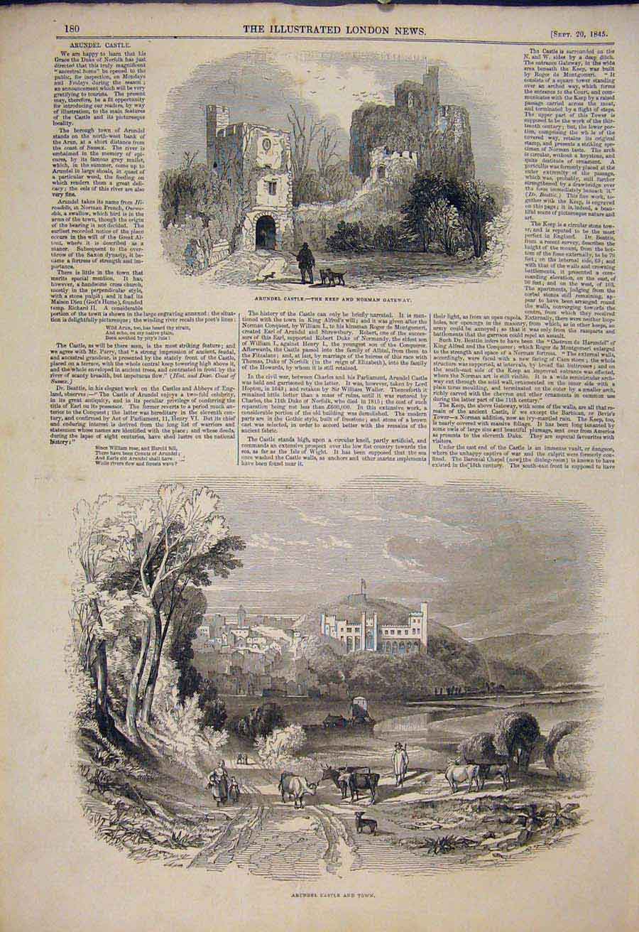 Original Old Antique Print Arundel Csatle Norman Gateway Town Keep 1845 19th