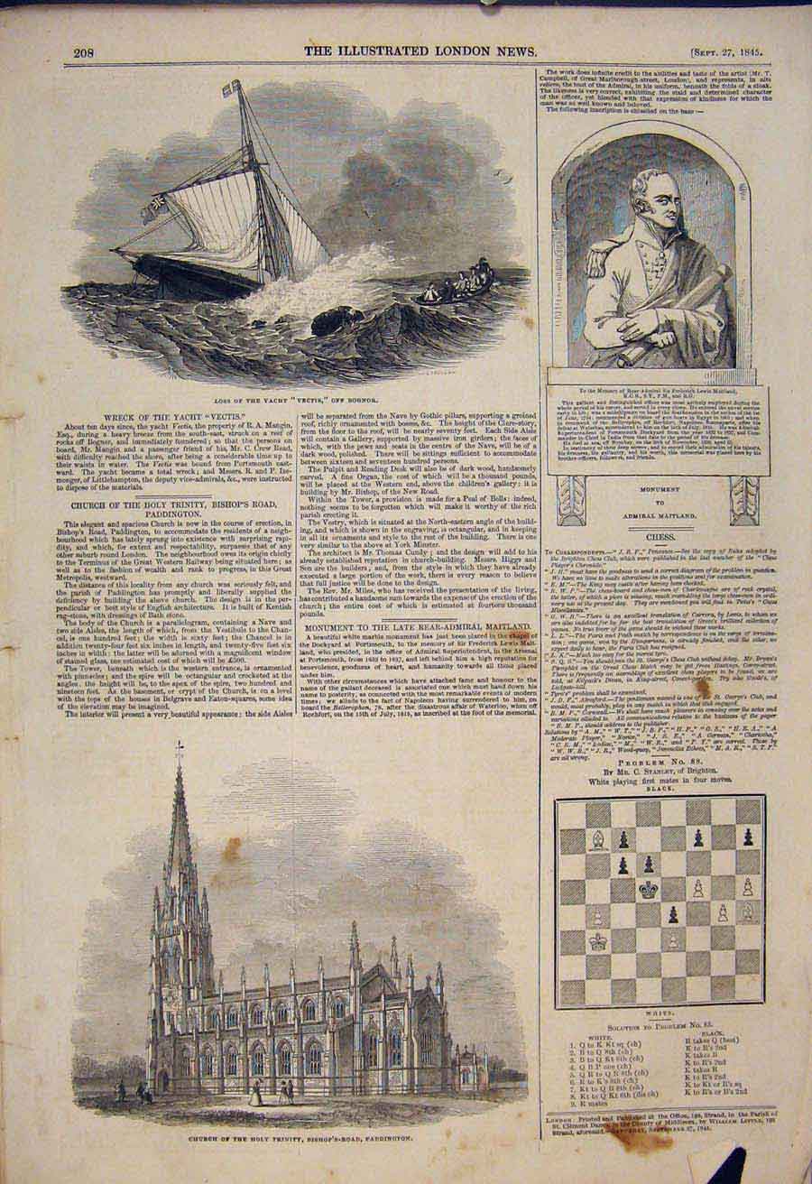 Original Old Antique Print Yacht Vectis Bognor Maitland Church Paddington Chess