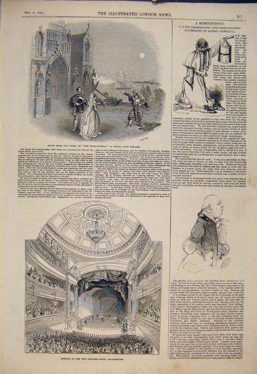 Original Old Antique Print Opera Drury Lane Theatre Manchester Crowquill Sketch