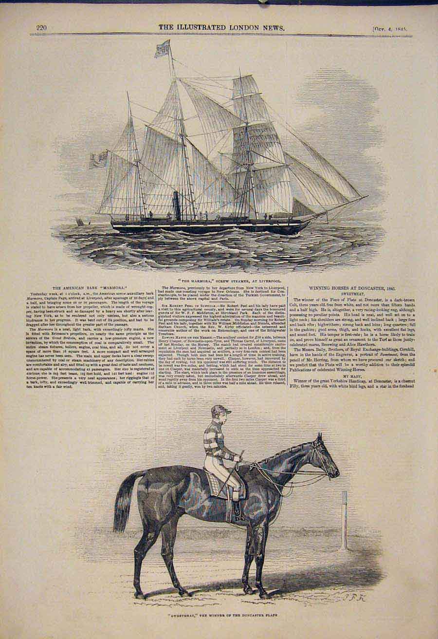 Original Old Antique Print Marmora Steamer Liverpool Sweetmeat Race Horse 1845