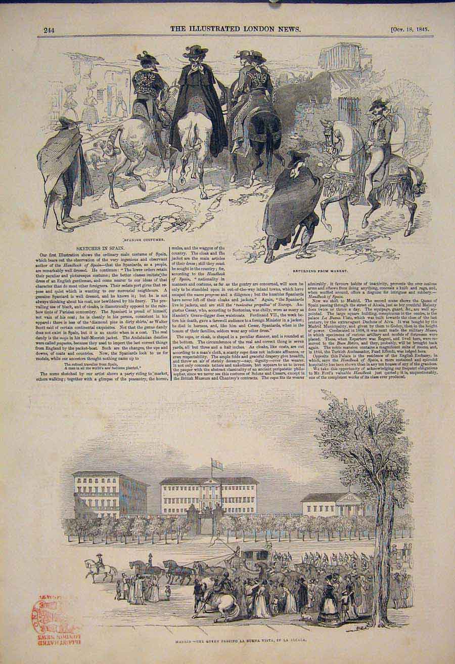Original Old Antique Print Sketch Spain Spanish Costume Market Madrid La Alcala