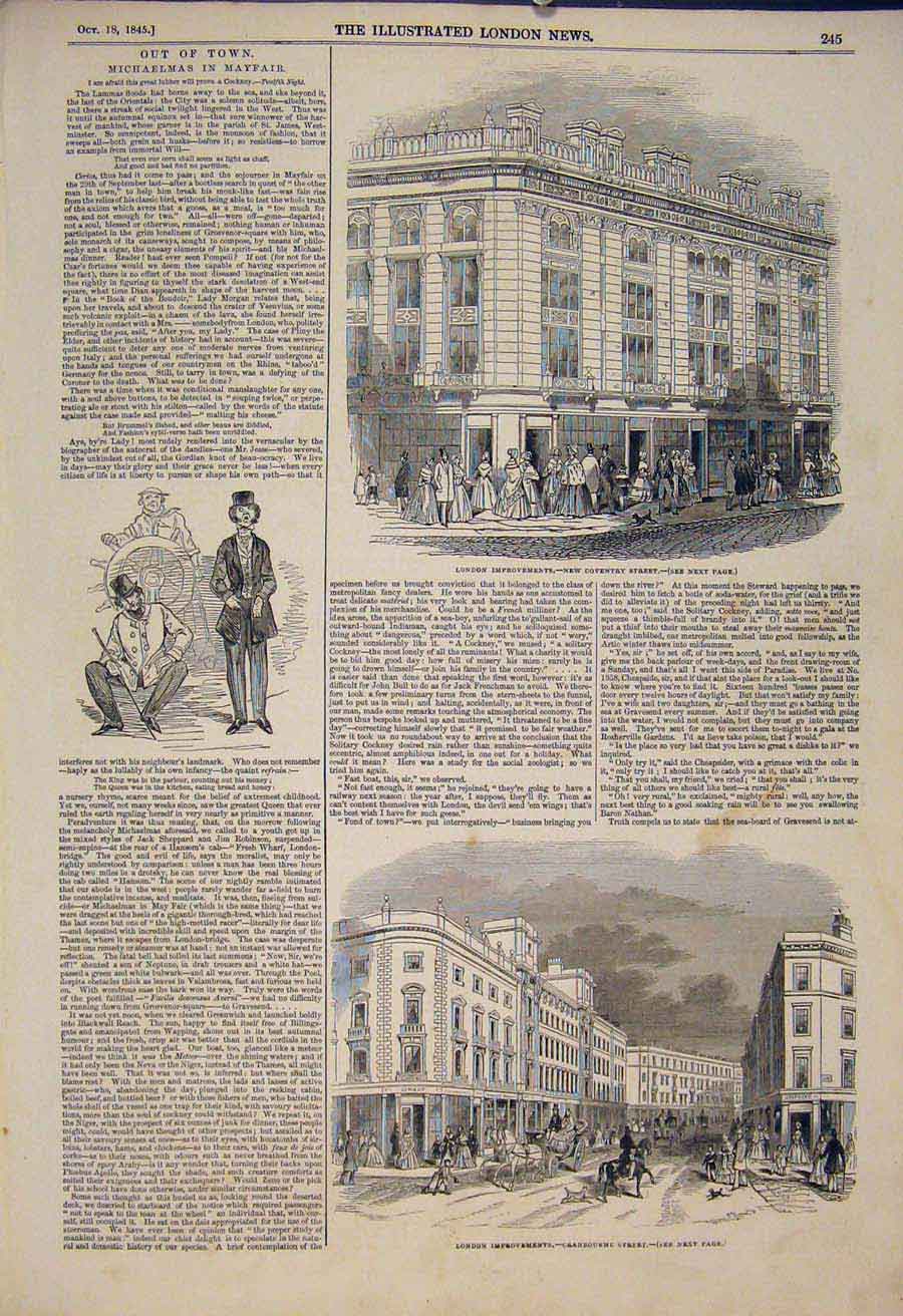 Original Old Antique Print Coventry Street London Cranbourne Mayfair 1845 19th