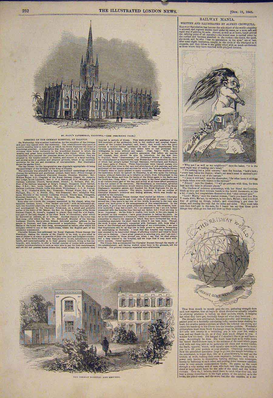 Original Old Antique Print Railway Mania Cathedral Calcutta German Hospital 1845