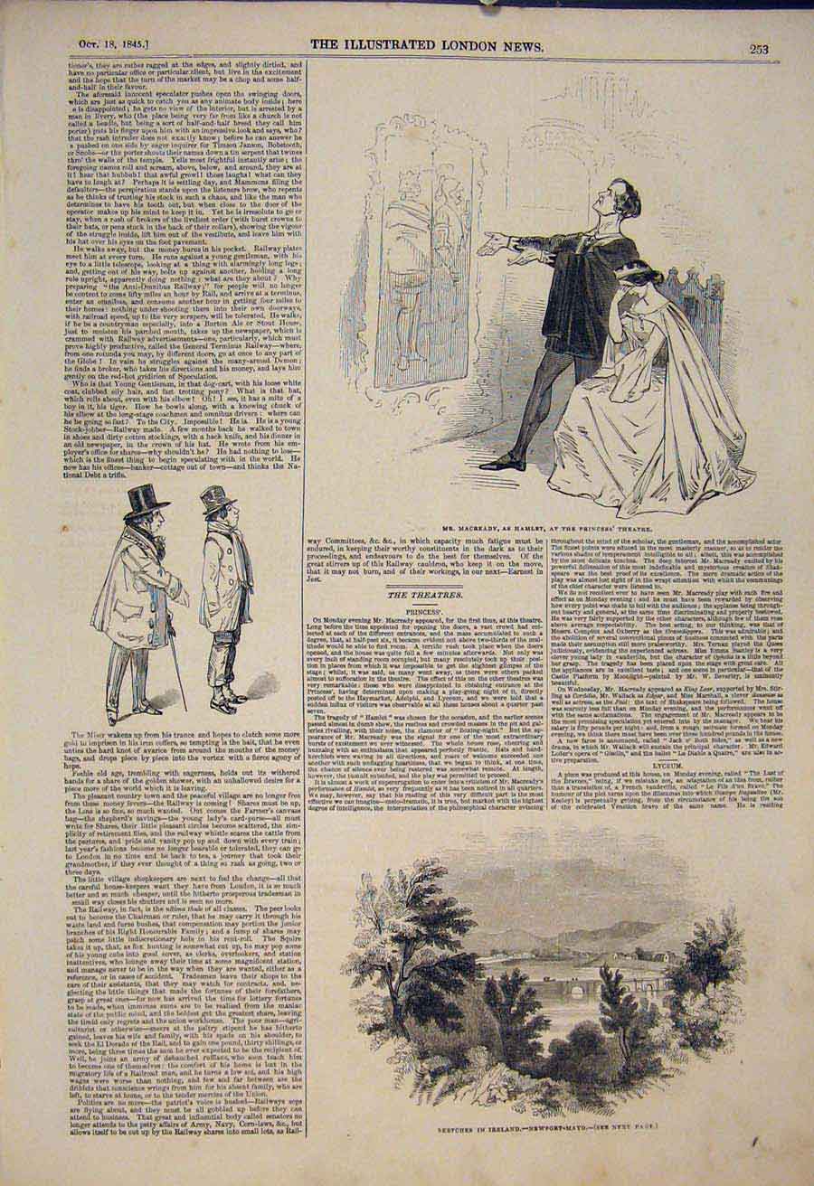 Original Old Antique Print Sketch Ireland Newport Mayo Princess Theatre London
