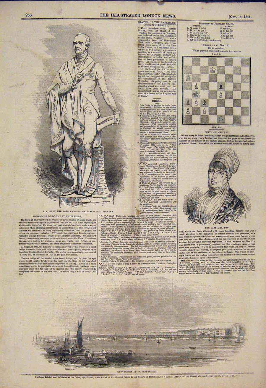 Original Old Antique Print Statue Wellesley Fry St Petersburg Bridge Chess 1845