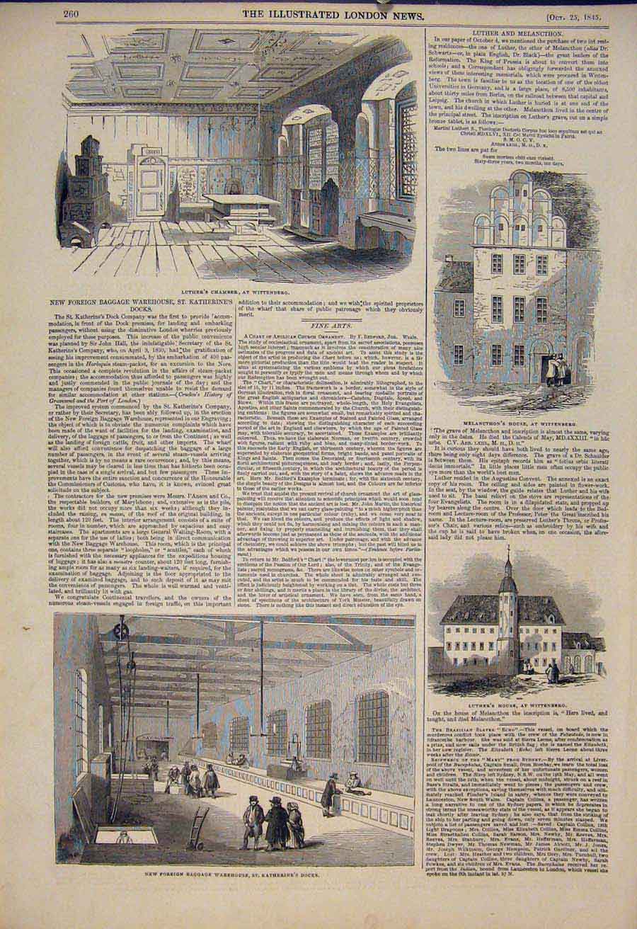 Original Old Antique Print Luther Wittenberg Warehouse St Katherine'S Docks 1845