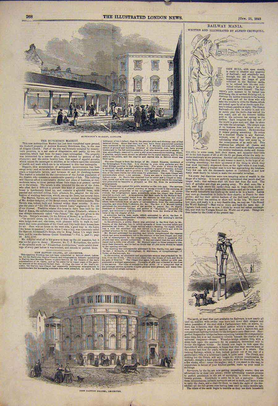 Original Old Antique Print Hutchinson'S Market Aldgate Railway Chapel Leicester