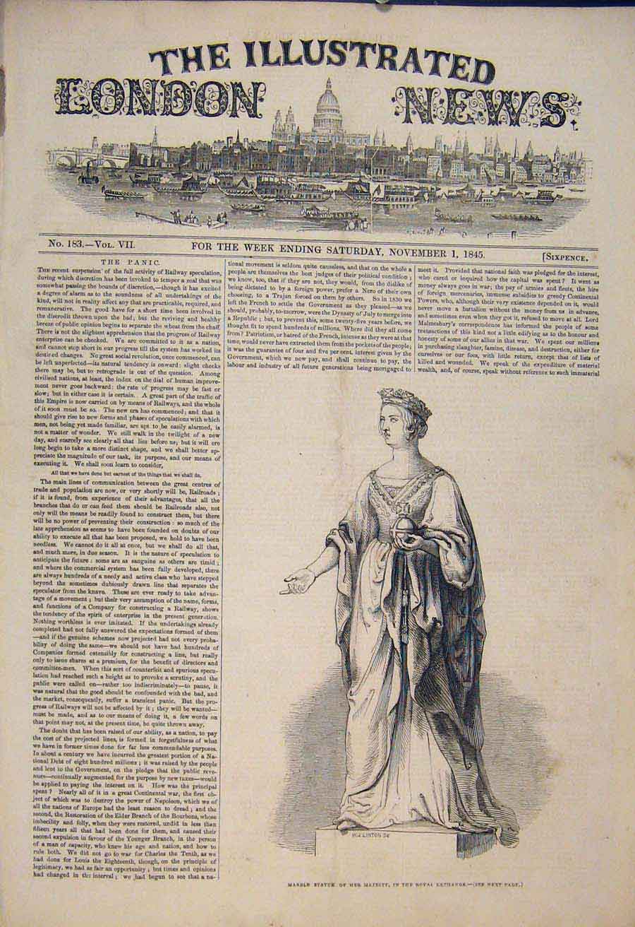 Original Old Antique Print Marble Statue Her Majesty Queen Royal Exchange 1845