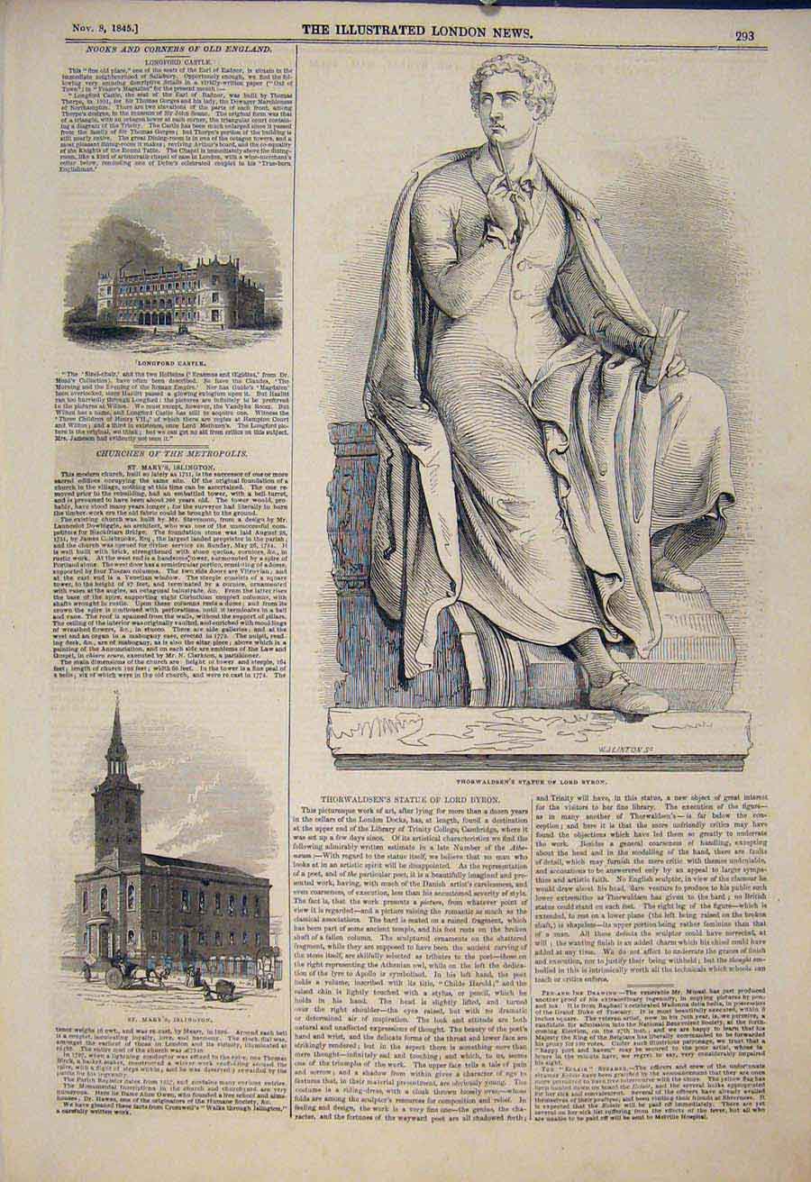 Old Antique Print Statue Byron Thorwaldsen Church Islington Longford 1845 19th