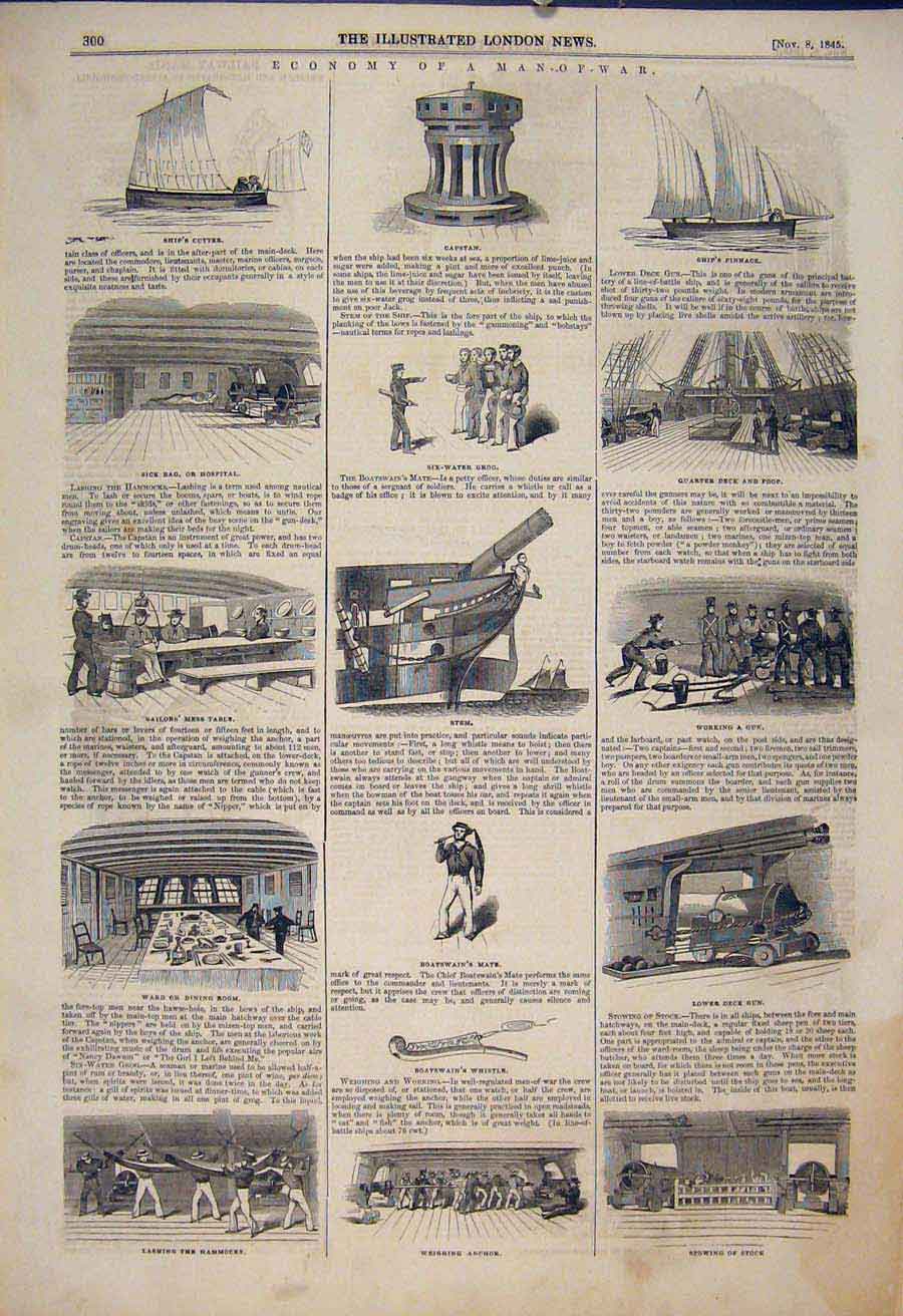 Antique Old Antique Print Man-Of-War Ship Capstan Pinnace Gun Anchor Hospital 00MAA1