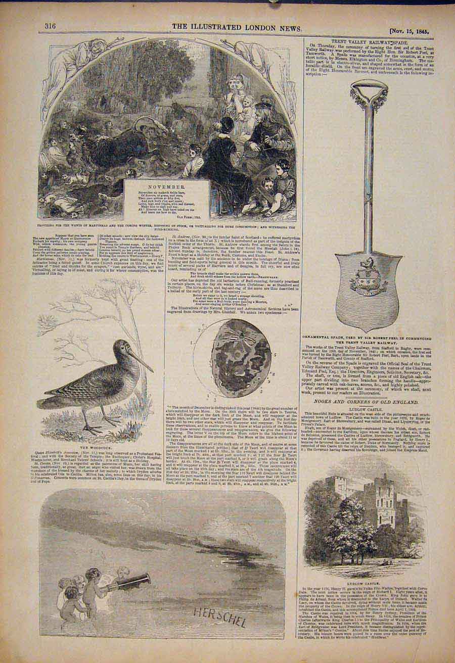 Original Old Antique Print Poem Woodcock Herschel Ludlow Castle Spade Peel Trent