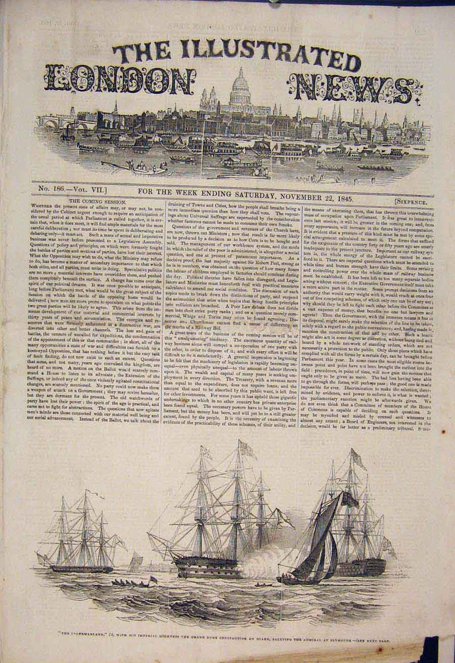 Original Old Antique Print Ingermanland Duke Constantine Plymouth Ship Boat 1845