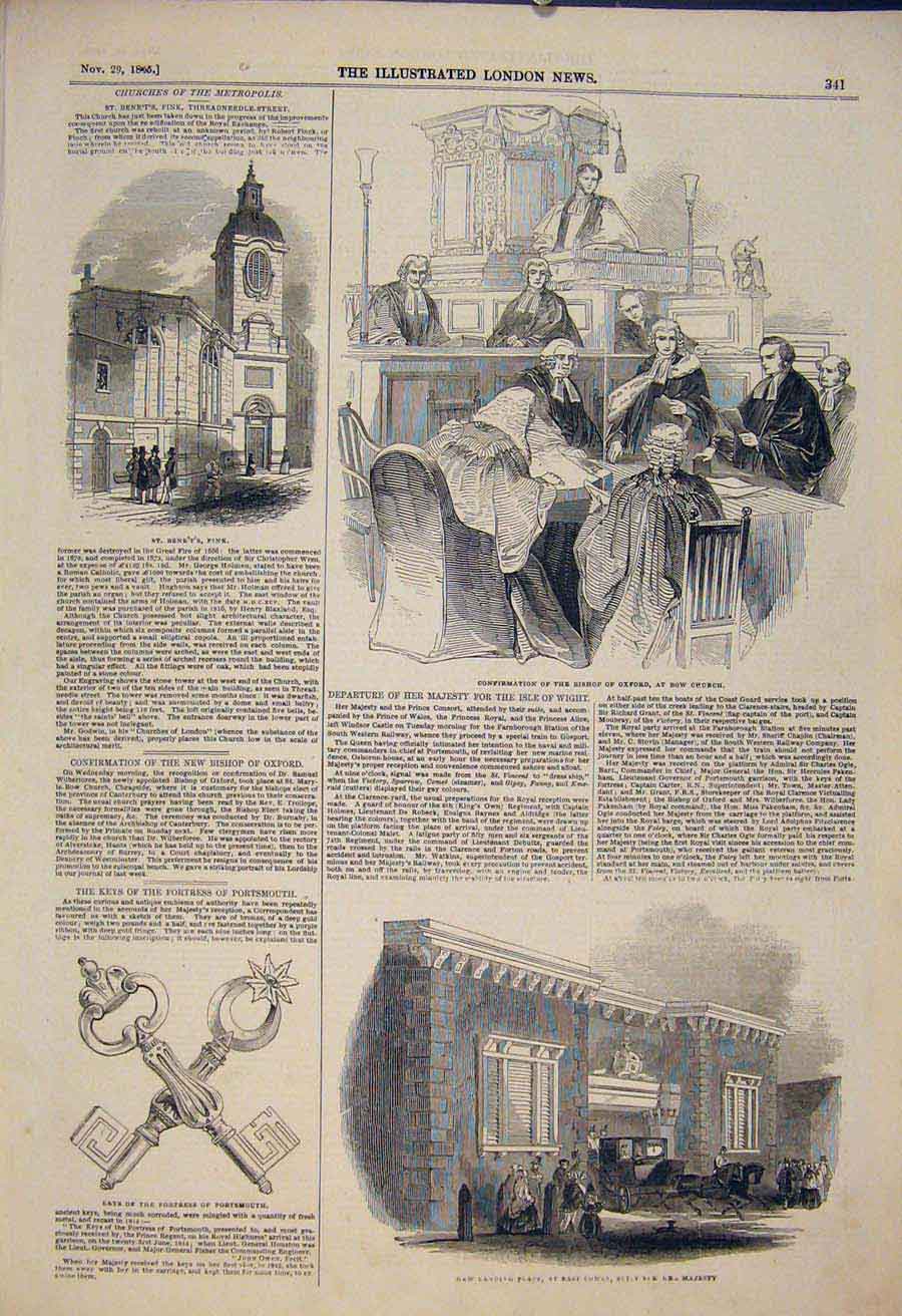 Original Old Antique Print St Bene'T'S Fink Church Bishop Oxford Bow Cowes Keys