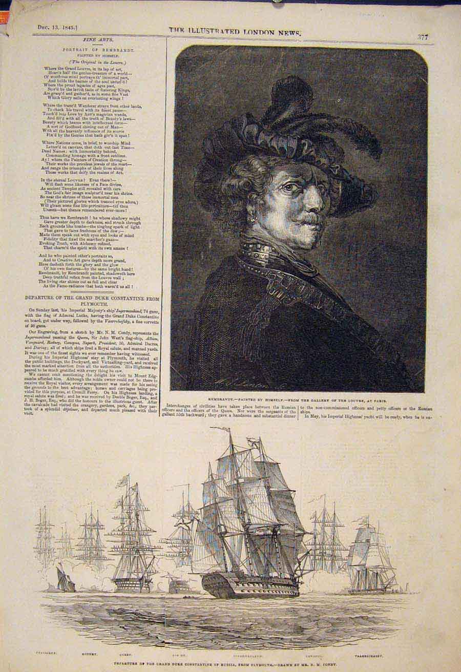 Original Old Antique Print Portrait Rembrandt Louvre Constantine Plymouth Condy