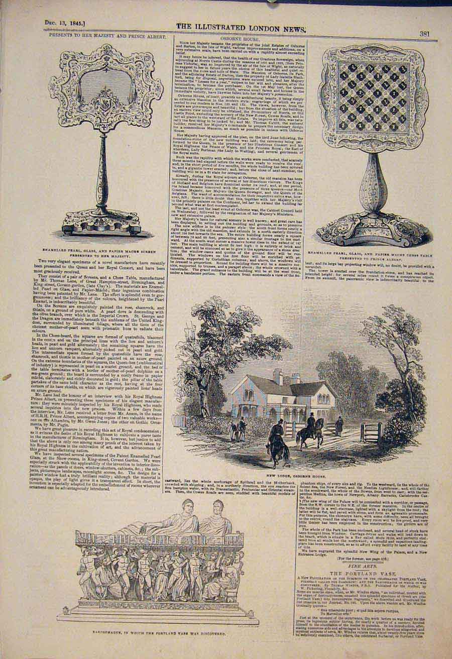 Original Old Antique Print Osborne House Lodge Enamelled Pearl Glass Sarcophagus