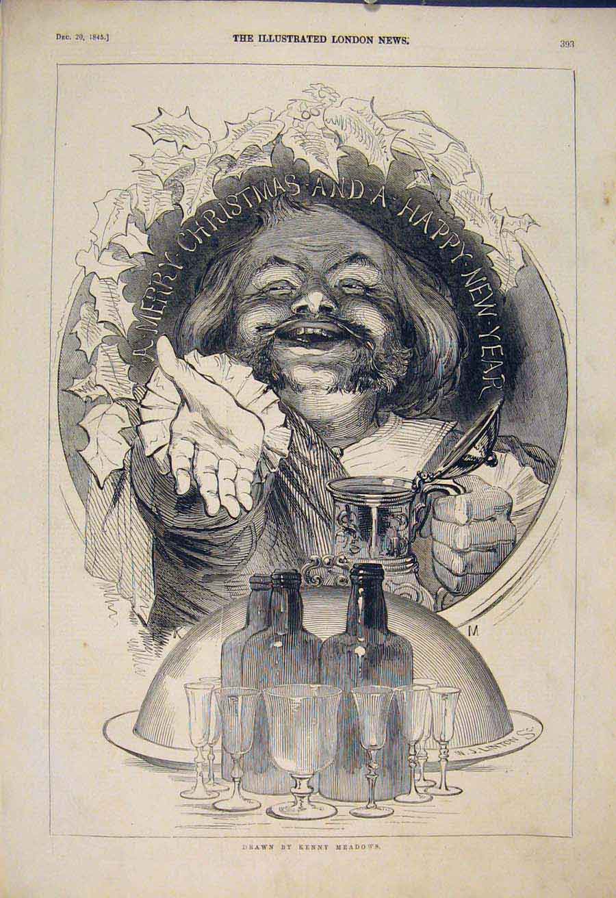 Original Old Antique Print Christmas Wishes Kenny Meadows Sketch 1845 Victorian