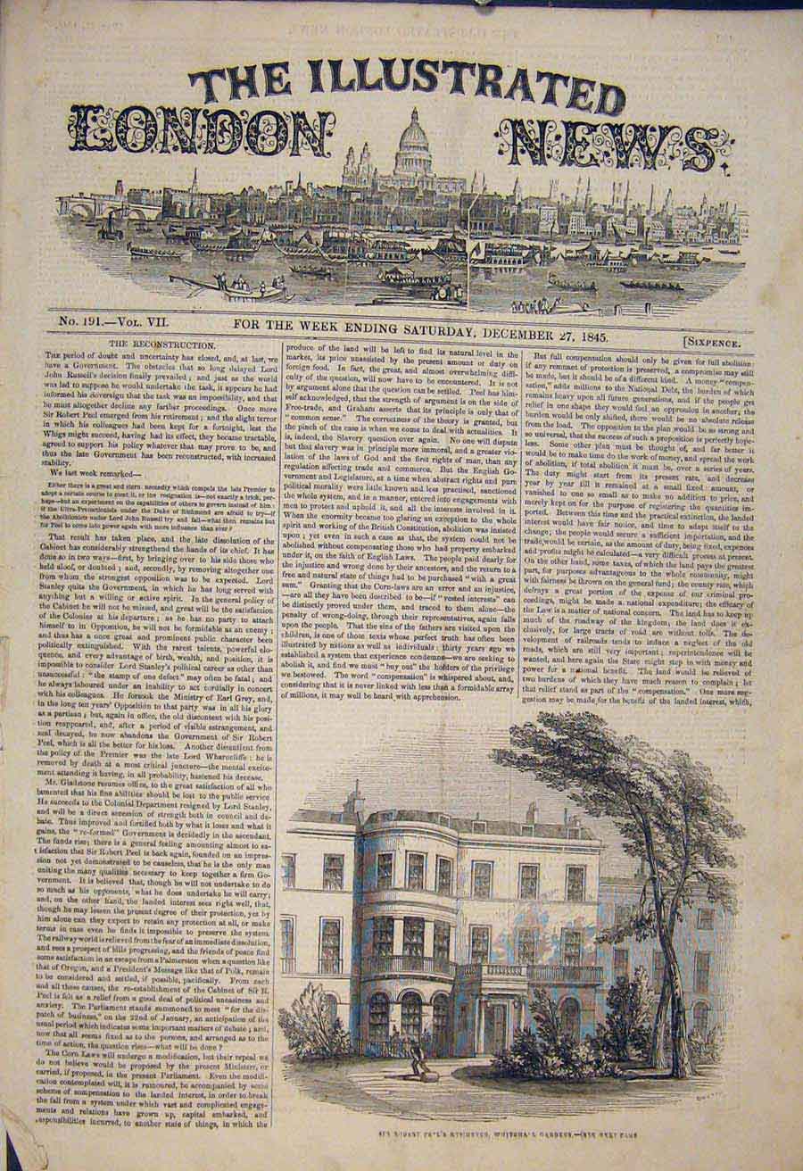 Original Old Antique Print Robert Peel Residence Whitehall Gardens London 1845