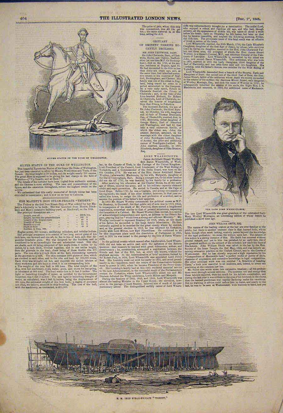 Old Antique Print Statue Wellington Wharncliffe Trident Iron Frigate 1845 19th