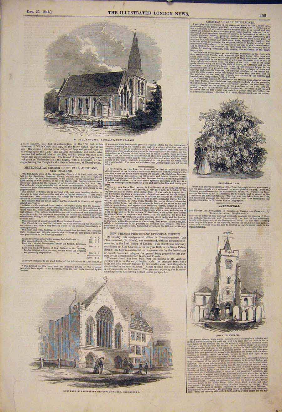Old Antique Print Church Auckland Bloomsbury Chiswick Christmas Tree 1845 19th