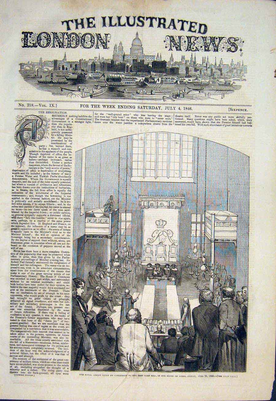 Original Old Antique Print New Corn Bill House Lords Royal London 1846 Victorian