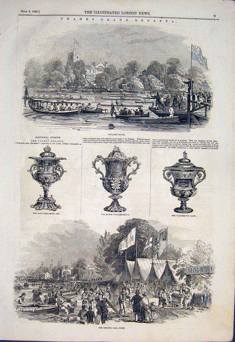 Original Old Antique Print Thames Ragatta London Scullers Fair Putney 1846 19th
