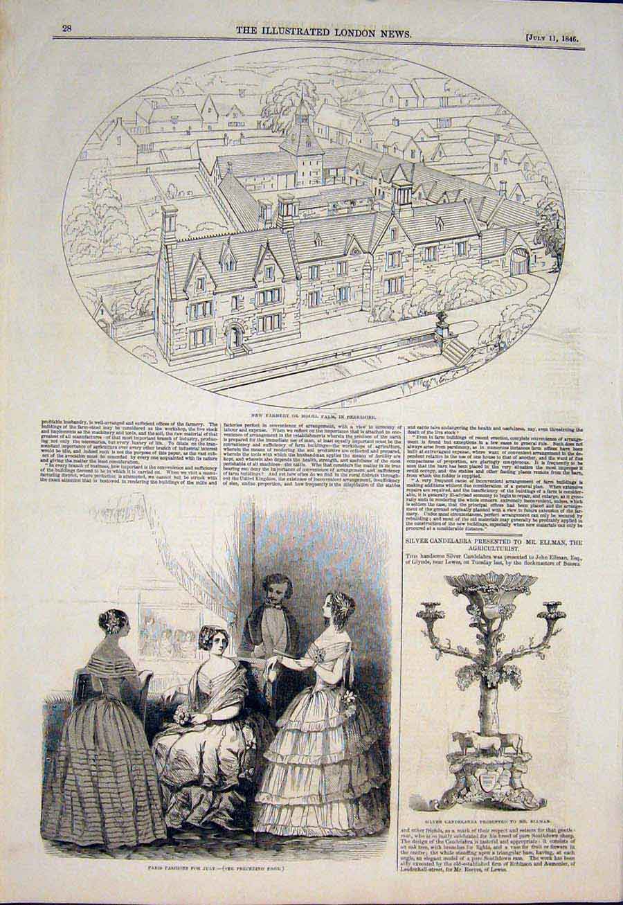 Original Old Antique Print Berkshire Farm Model Paris Fashion Ellmen Candelabra
