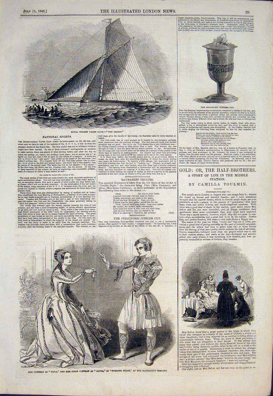 Old Antique Print Thames Yacht Club Secrete Haymarket Theatre London 1846 19th