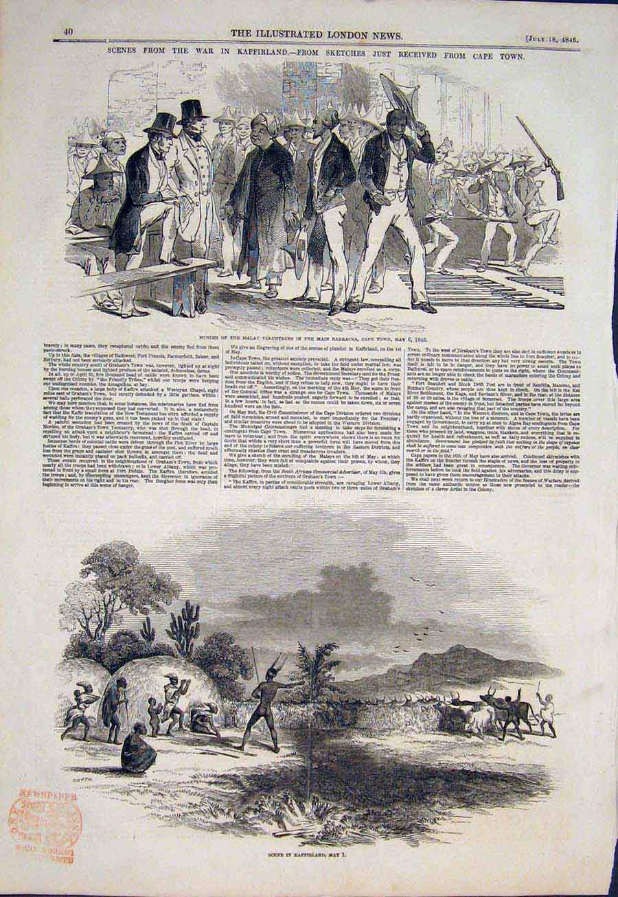 Original Old Antique Print War Kaffir Africa Sketches Cape Town Malay Volunteers