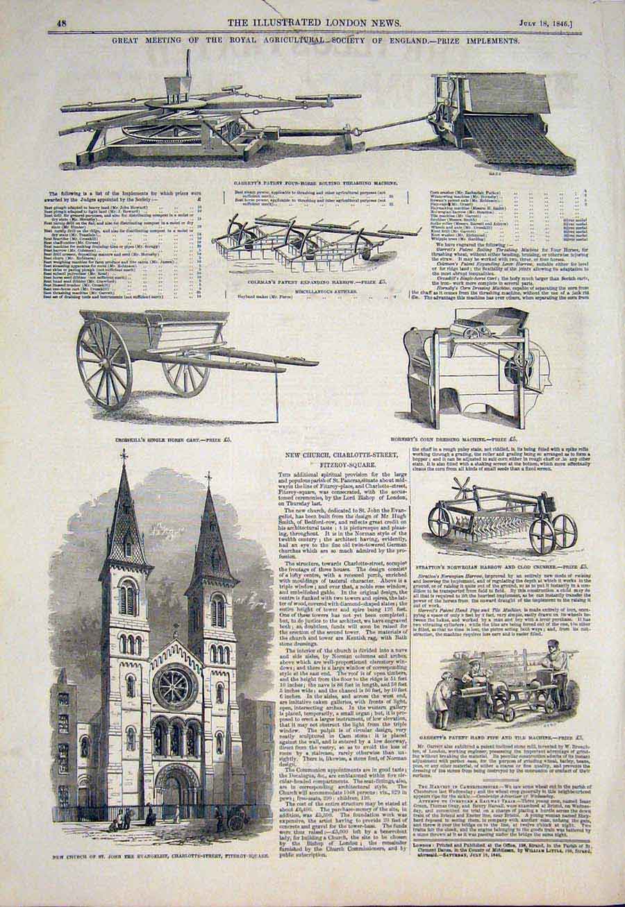 Original Old Antique Print Agricultural Implements Machine Fitzroy Church 1846