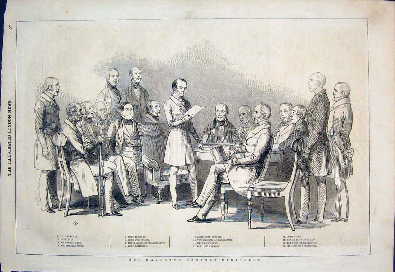 Original Old Antique Print Cabinet Ministers Parliament Portrait Sketch 1846