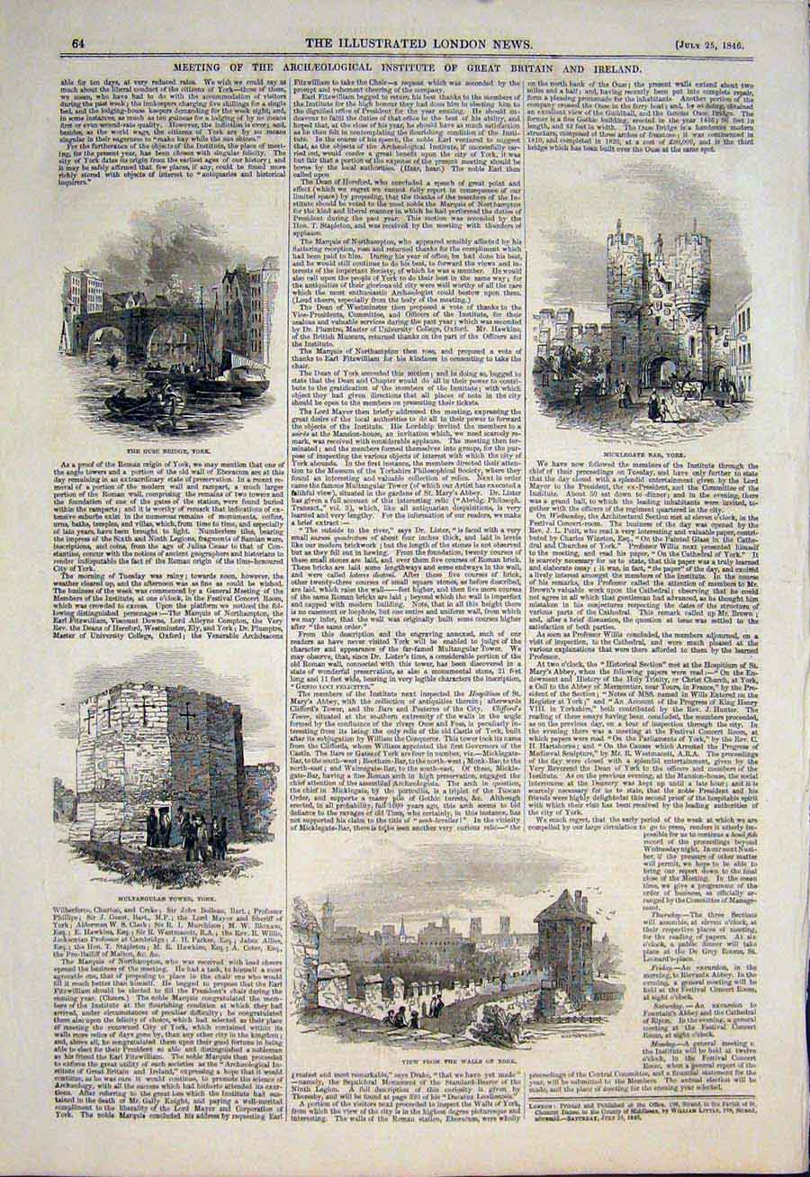 Original Old Antique Print Archeological Institute Ouse Bridge Micklegate York
