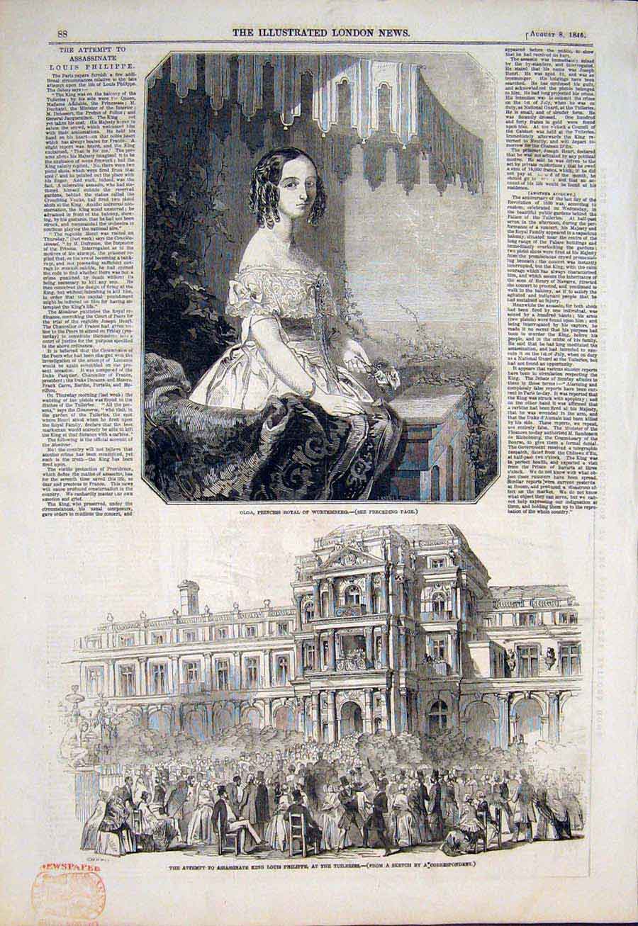Old Antique Print Portrait Olga Wurtenberg Tuilleries King Philippe 1846 19th
