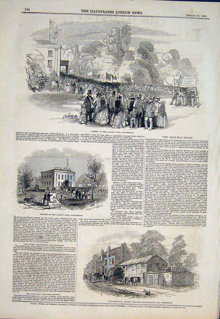 Original Old Antique Print Manchester Queen'S Park Half-Way House Knightsbridge
