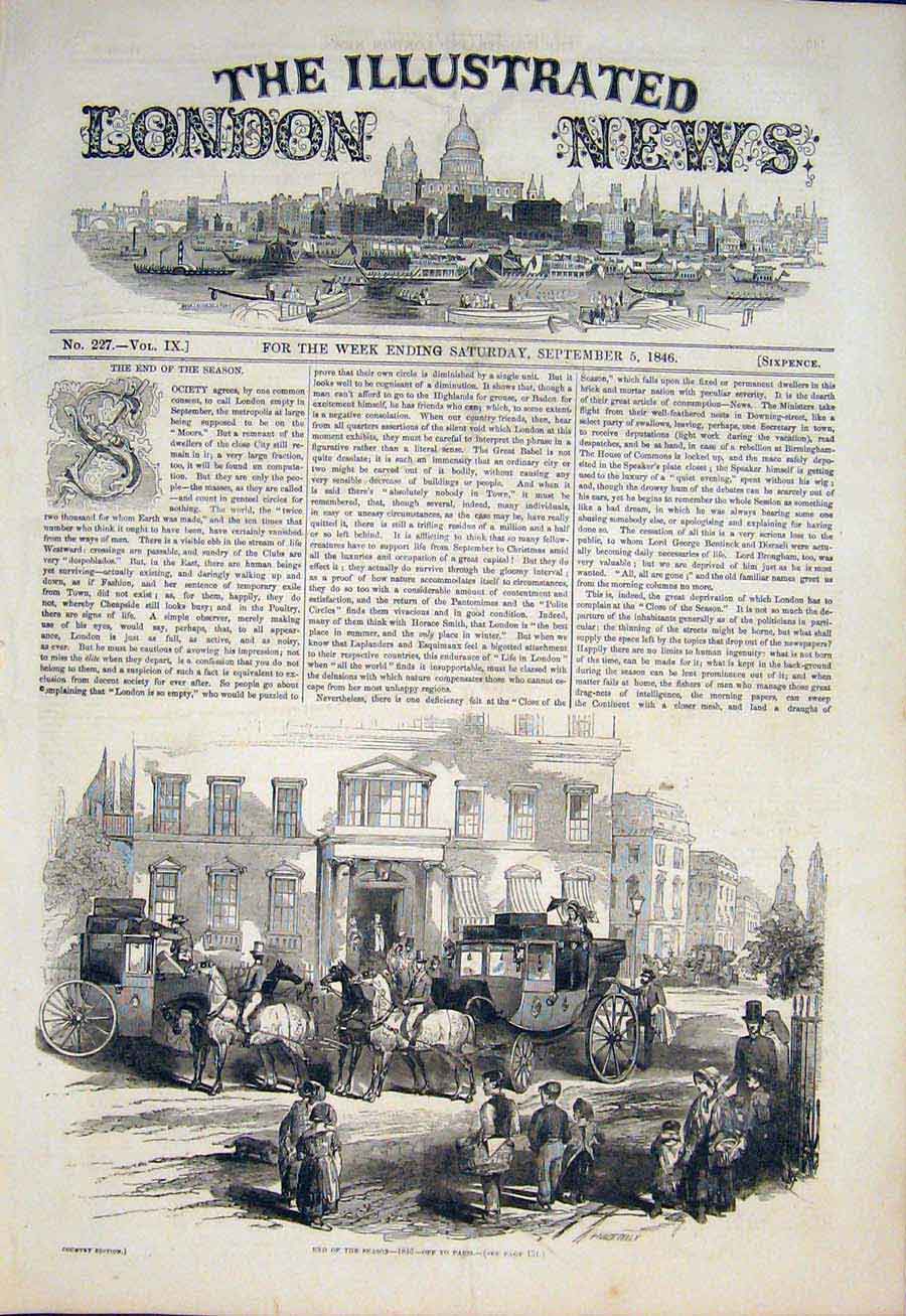 Original Old Antique Print Off To Paris Season Horses Carriage 1846 Victorian
