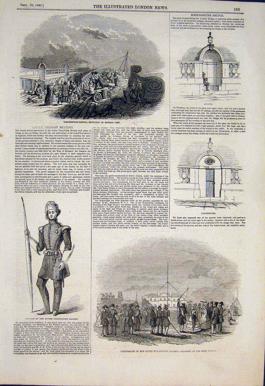 Original Old Antique Print Westminster Bridge Irvine Toxopholite Shooting Shoot
