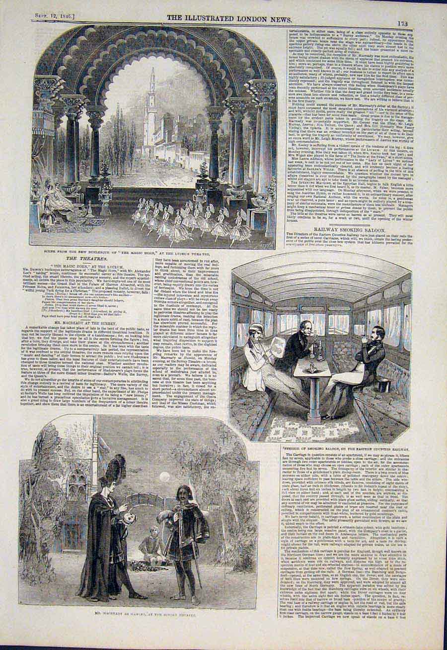 Original Old Antique Print Lyceum Theatre Surrey Railway Smoking Saloon 1846