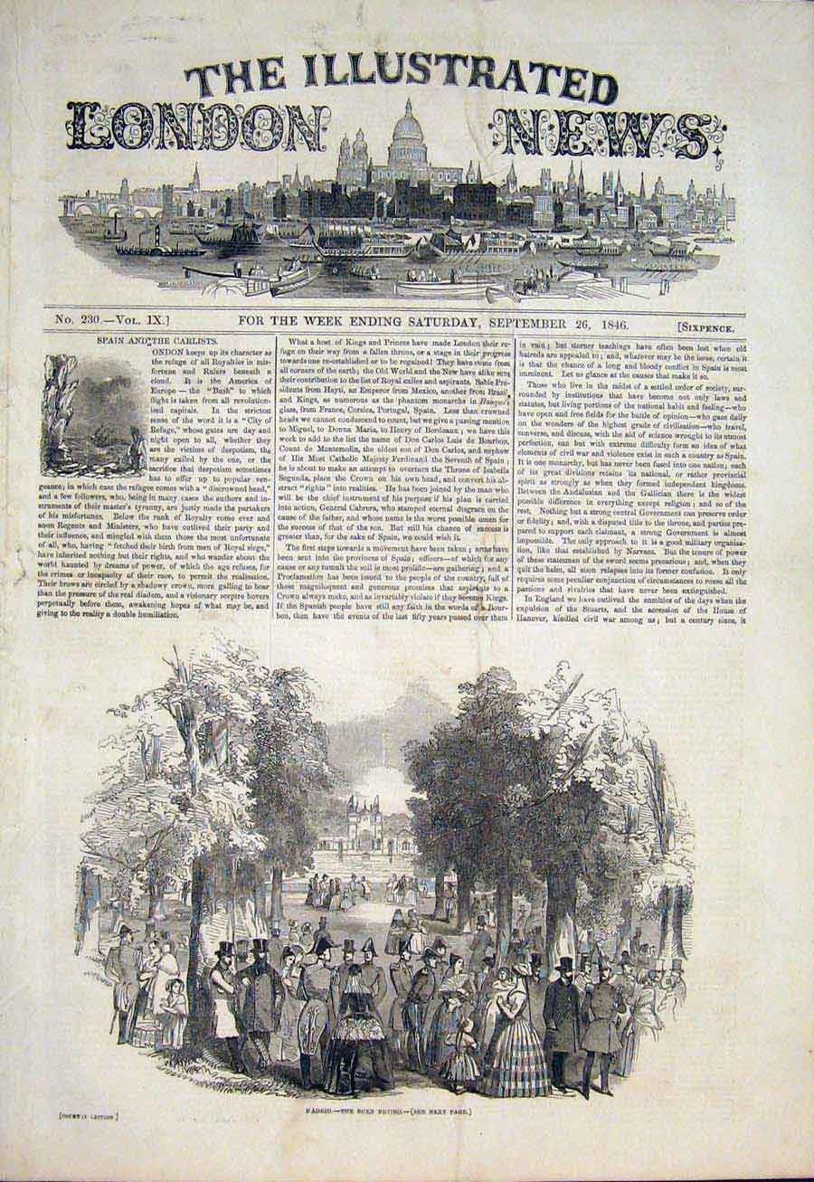 Original Old Antique Print Madrid Spain Buen Retiro Park Garden 1846 Victorian