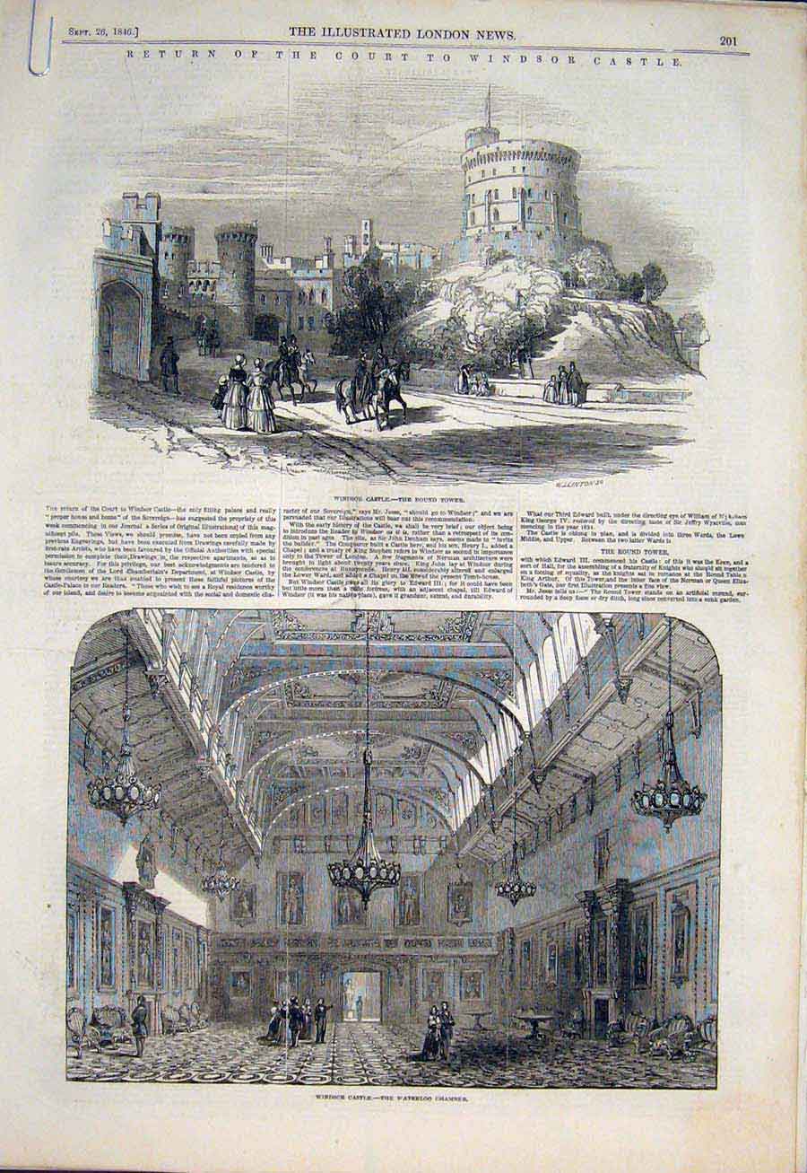 Original Old Antique Print Windsor Castle Round Tower Ball Room Waterloo 1846