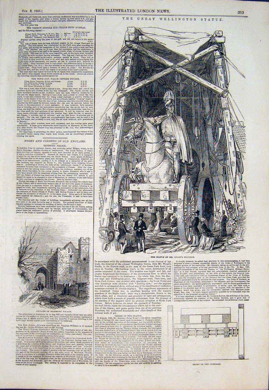 Original Old Antique Print Statue Wellington Wyatt Foundry Richmond Place 1846