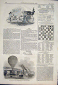 Original Old Antique Print Balloon Nassau Thames Reyns Cab Chess Problem 1846