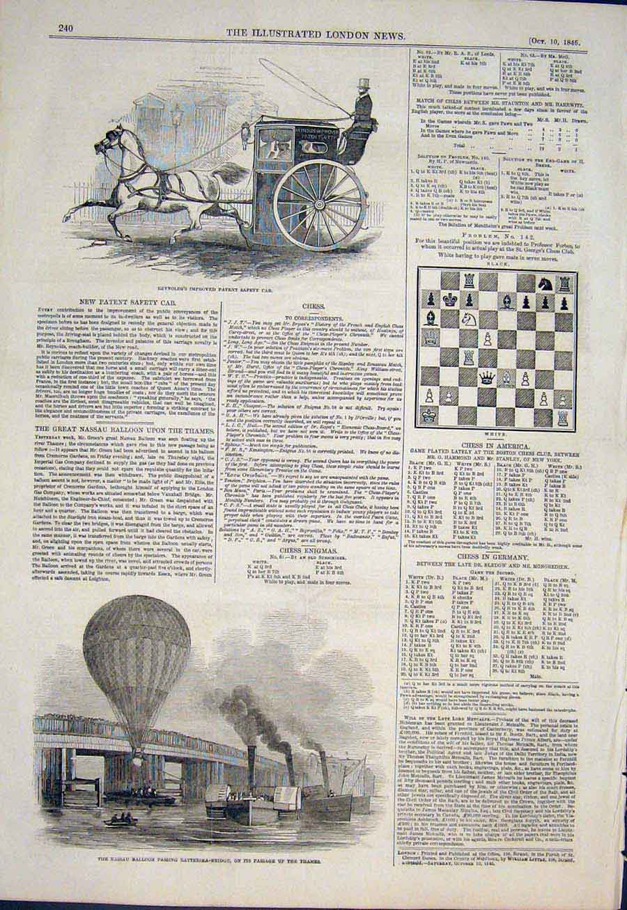 Original Old Antique Print Balloon Nassau Thames Reyns Cab Chess Problem 1846